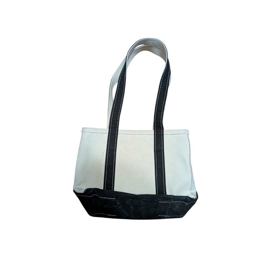 L.L.Bean Boat and Tote Zip Top Bag White & Black Long Handles Medium Size